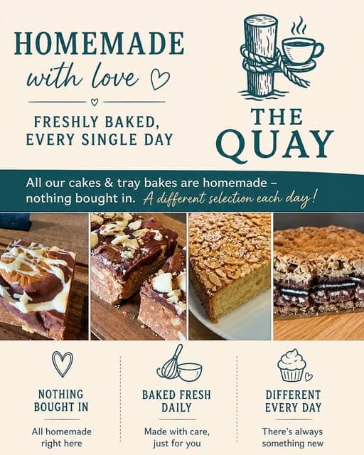 The Quay's homemade baking poster, featuring traybakes and freshly baked cakes